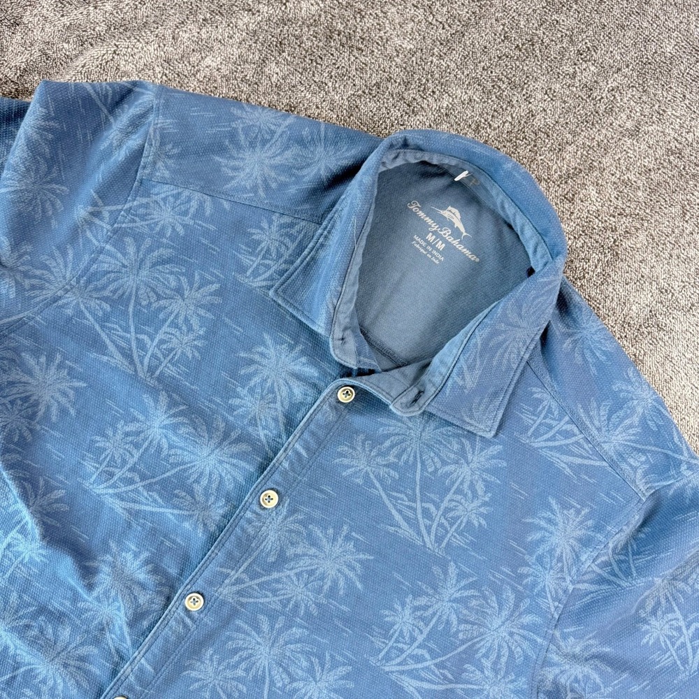 Tommy Bahama Mens Blue Palm Tree Print Short Sleeve Button Up Shirt Medium